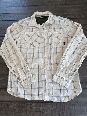The North Face Men's White Plaid Button-Down Shirt with Tan and Blue Lines